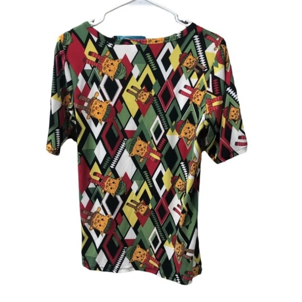 LULAROE Multicolor Geometric CHRISTMAS Cat Short Sleeve TOP Size Medium - Picture 2 of 10